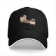 Black baseball cap with playful anthropomorphic coffee cups graphic