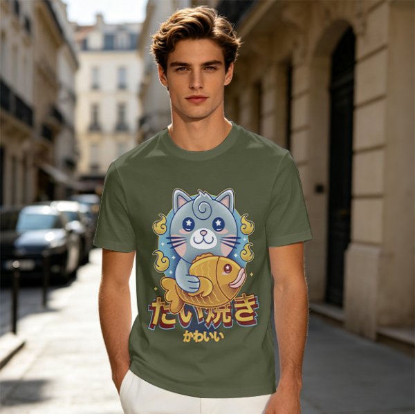 Olive green t-shirt with cute gray cat holding taiyaki graphic