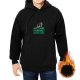 Black hoodie with raccoon chilling on green dumpster graphic