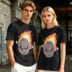 Olive green t-shirt with cute cartoon flaming asteroid graphic