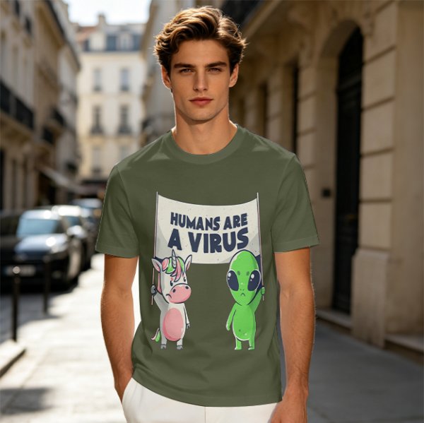 Olive T-shirt with Unicorn and Alien Holding 'Humans Are A Virus' Sign
