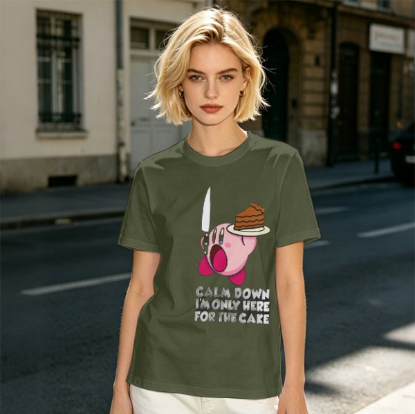 Olive t-shirt with Kirby holding knife and cake, text Calm Down I'm Only Here For The Cake