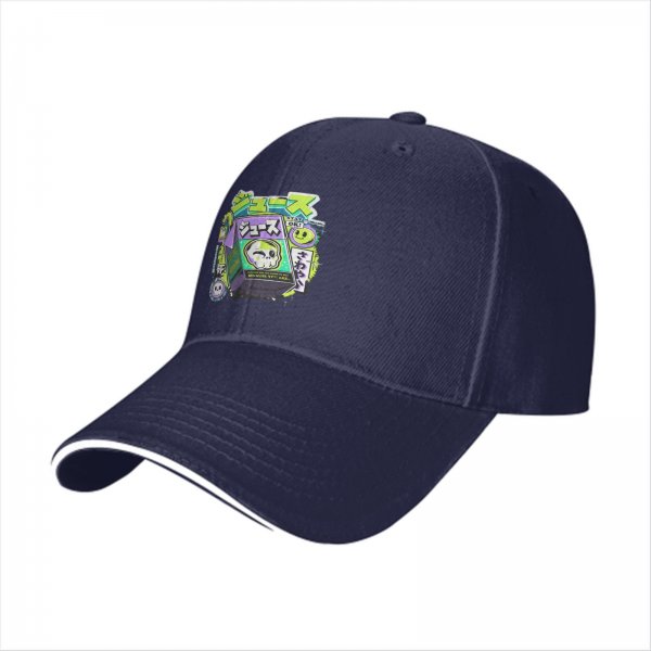 Black baseball cap with neon skull juice box graphic