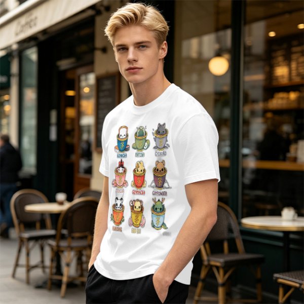 Olive T-Shirt With Cute Animal Teacup Character Print