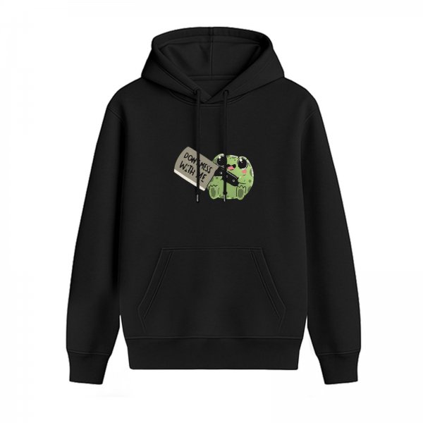 Black hoodie with cute frog holding knife that says don't mess with me