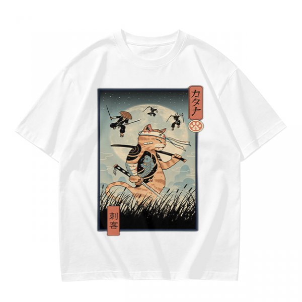 Samurai Cat Fighting Ninjas Ukiyo-e Style Graphic T-Shirt