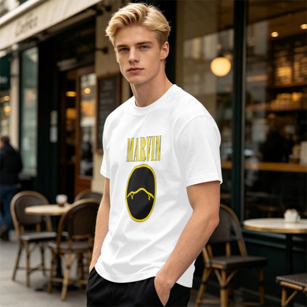 Olive T-Shirt with Marvin Text and Simple Face Graphic