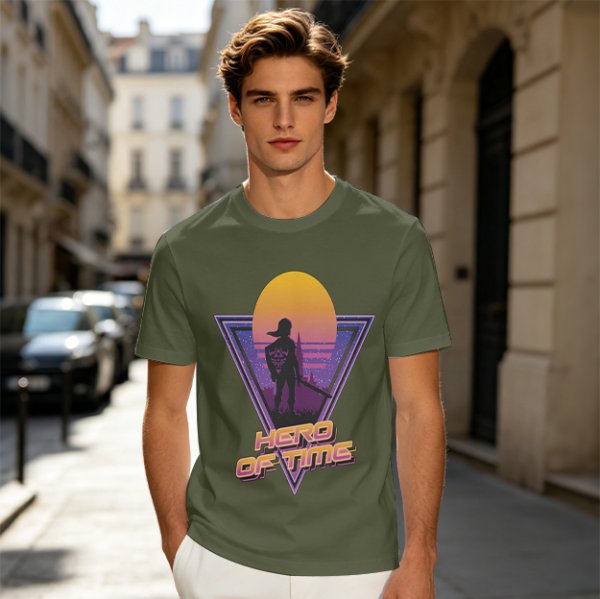 Olive green retro sunset graphic t-shirt with Hero of Time print