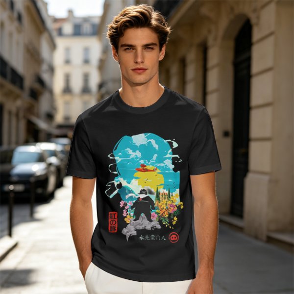 Olive T-shirt with anime pig pilot and seaplane graphic