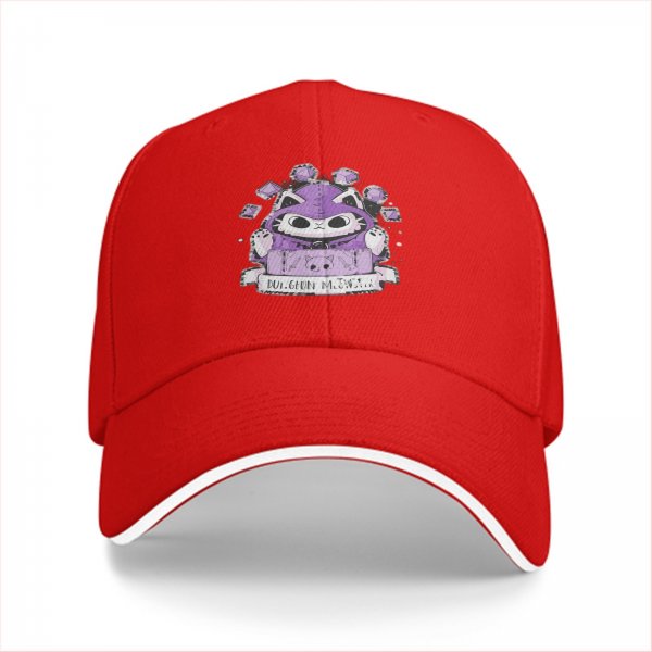 Black baseball cap with purple wizard cat and dice graphic