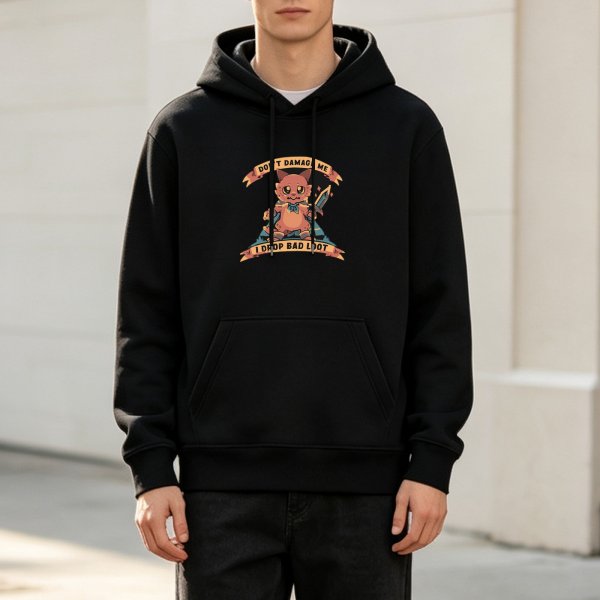 Black Hoodie With Cute Fantasy Creature 'I Drop Bad Loot' Print