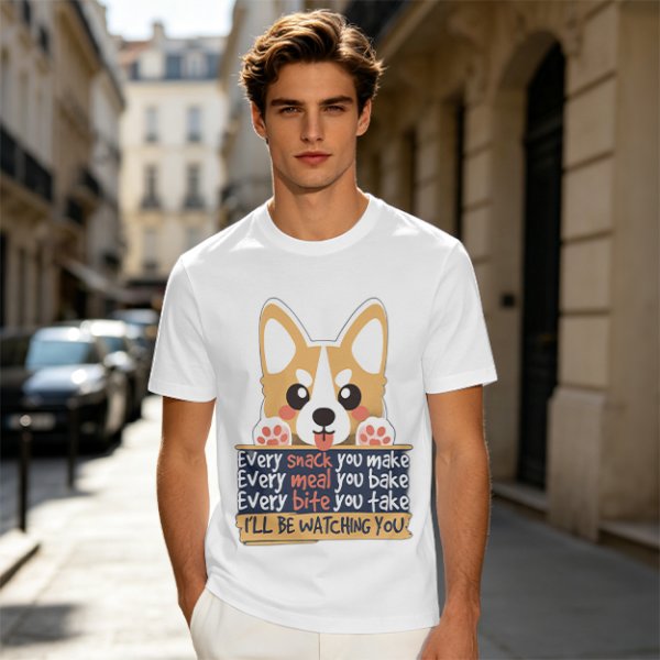 Olive t-shirt with corgi graphic and 'I'll Be Watching You' snack quote
