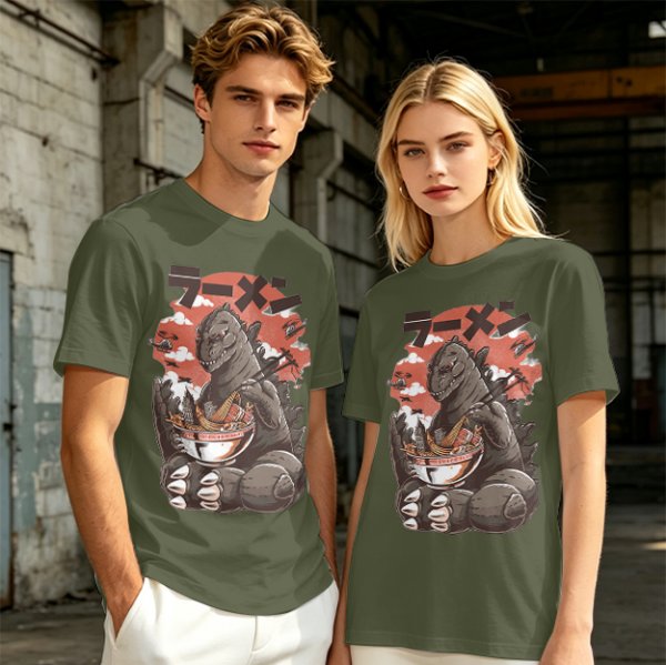 Olive T-shirt with Godzilla eating ramen graphic