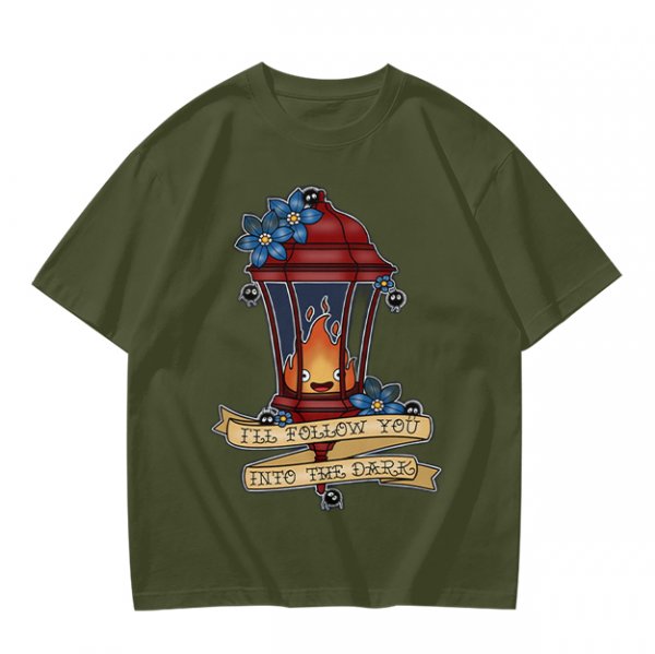 Olive t-shirt with lantern flame graphic and 'I'll follow you into the dark' text