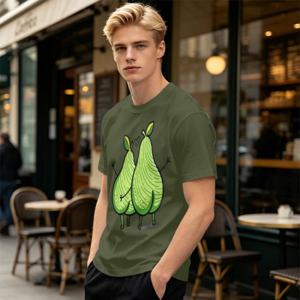 Olive Green T-Shirt With Two Cartoon Pears In Love Graphic