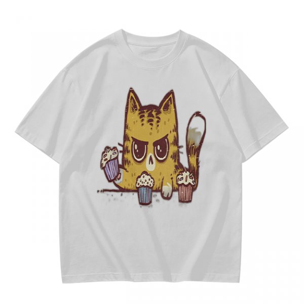 Olive T-Shirt With Angry Cat Holding Cupcakes Graphic Print