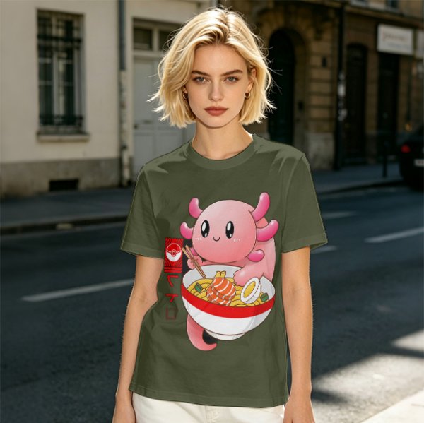 Olive T-Shirt Featuring a Cute Pink Axolotl Eating Ramen