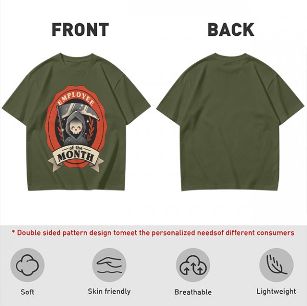 Olive T-Shirt with Cute Grim Reaper Employee of the Month Print