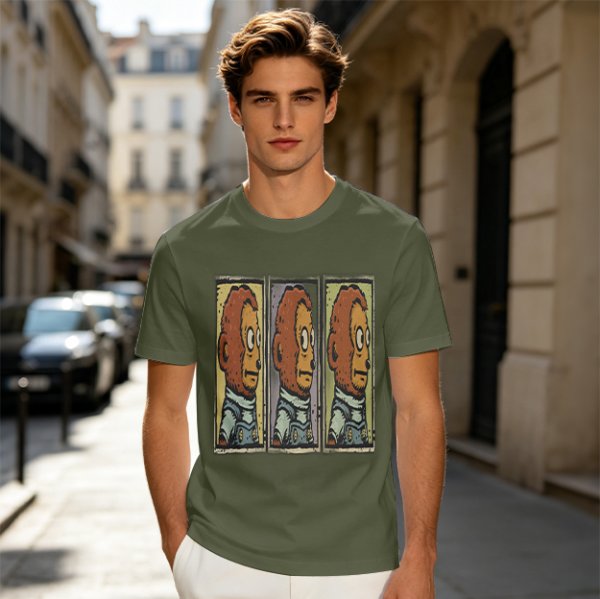Olive Green T-Shirt With Three Panel Cartoon Monkey Head Print