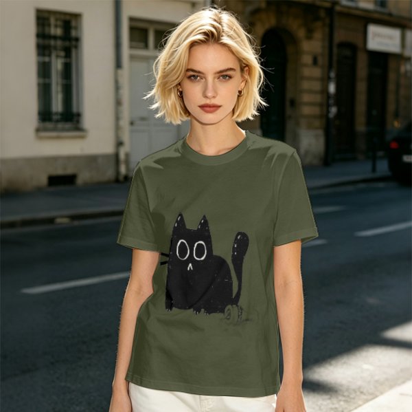 Oversized Army Green T-Shirt With Surprised Black Cat Graphic
