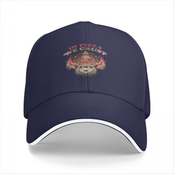 Black baseball cap with 'In Pizza We Crust' graphic print