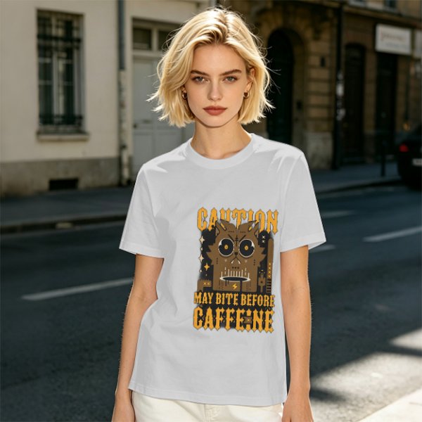 Olive Graphic T-Shirt With 'Caution May Bite Before Caffeine' Angry Cat Print