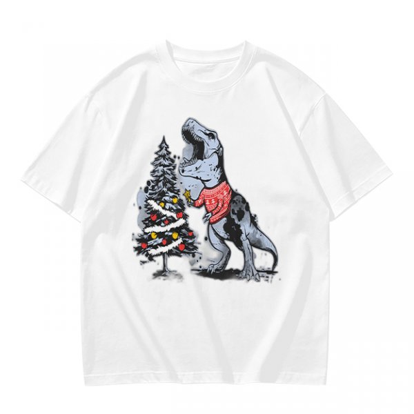 Olive T-shirt with T-Rex in Christmas sweater decorating a tree