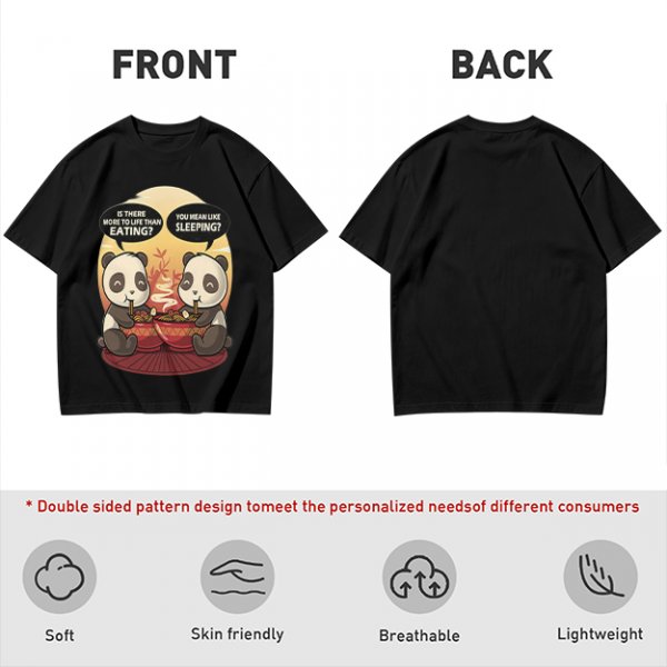 Olive t-shirt with pandas debating life beyond eating and sleeping