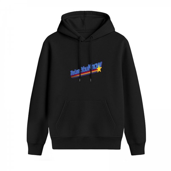 Black graphic hoodie with 'The Less You Know' retro star print