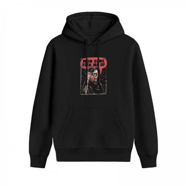 Black hoodie with grim reaper holding phone and 'Mom Come Pick Me Up' print