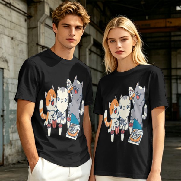 Olive T-Shirt With Cute Cats Enjoying Pizza And Snacks Print