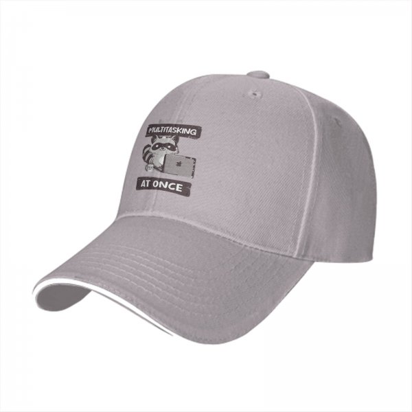 Black baseball cap with multitasking raccoon laptop graphic