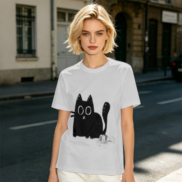 Oversized Army Green T-Shirt With Surprised Black Cat Graphic