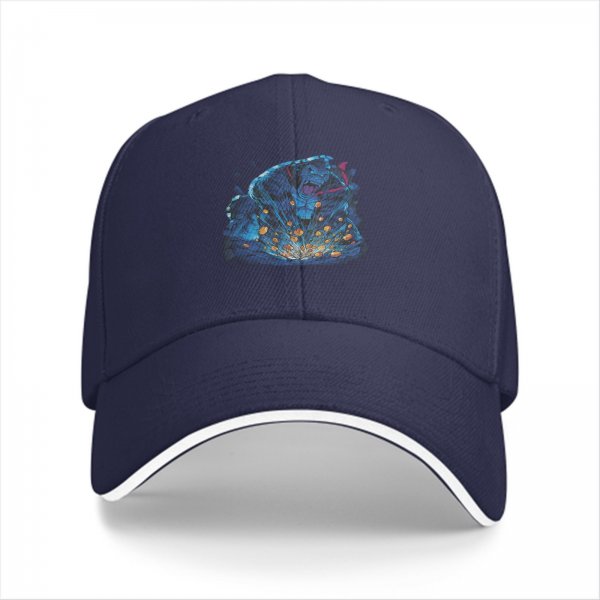 Black baseball cap with blue fantasy character explosion graphic