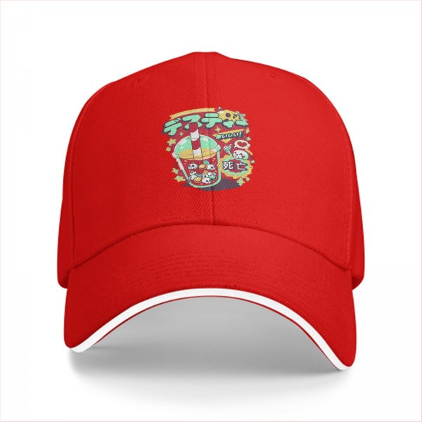 Black baseball cap with spooky drink graphic and Japanese text