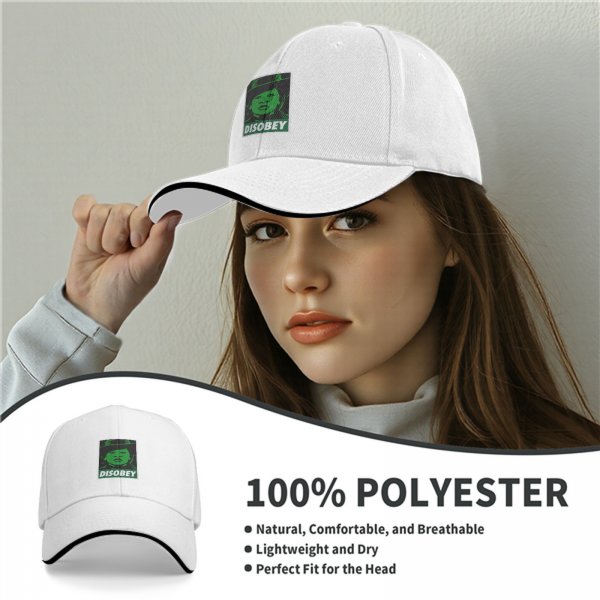 Black baseball cap with green 'DISOBEY' portrait graphic