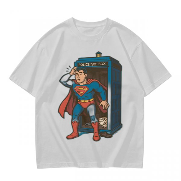 Olive T-shirt with Superman emerging from TARDIS police box graphic