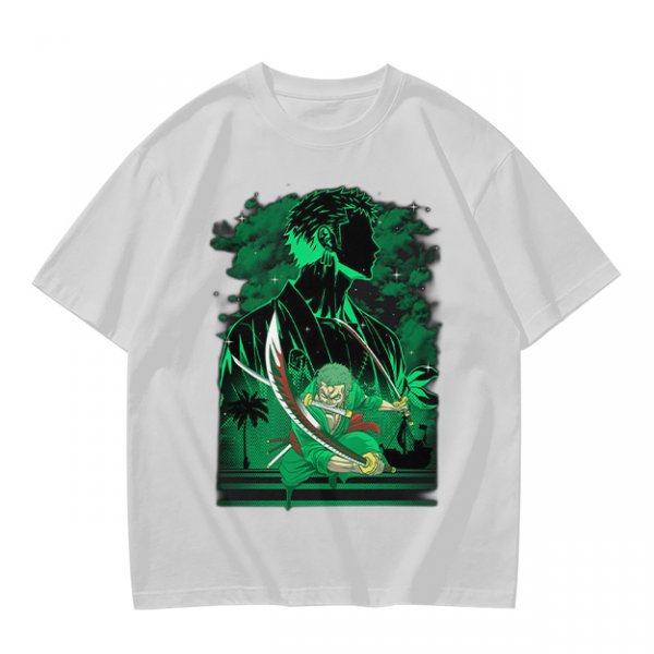 Olive Green Anime T-Shirt With Swordsman Character Artwork