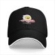 Black Baseball Cap with Smiling Fried Egg and Bacon Print