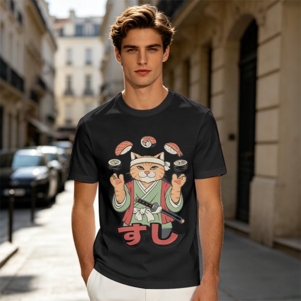 Olive T-Shirt With Cat Sushi Chef Juggling Sushi Print