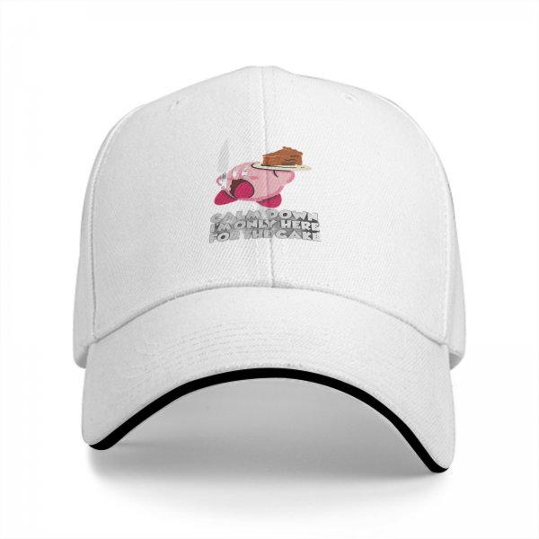 Black baseball cap with Kirby holding cake and knife, text 'Calm Down I'm Only Here For The Cake'