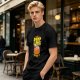 Olive green graphic t-shirt with dumpling pun and steamer illustration