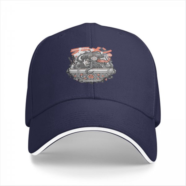 Black Baseball Cap With Japanese Ramen Themed Graphic Print