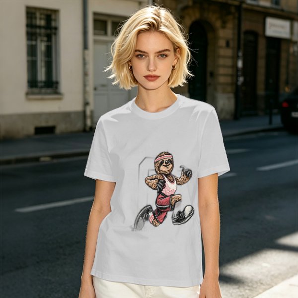 Olive T-Shirt with Cartoon Sloth Running Athlete Graphic