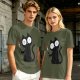 Olive T-shirt with a black cartoon cat holding a bloodied knife