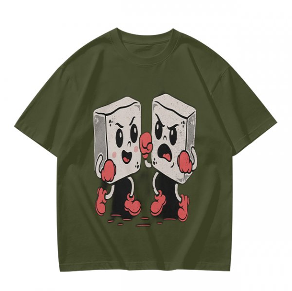 Olive T-Shirt With Retro Cartoon Fighting Ice Cubes Graphic