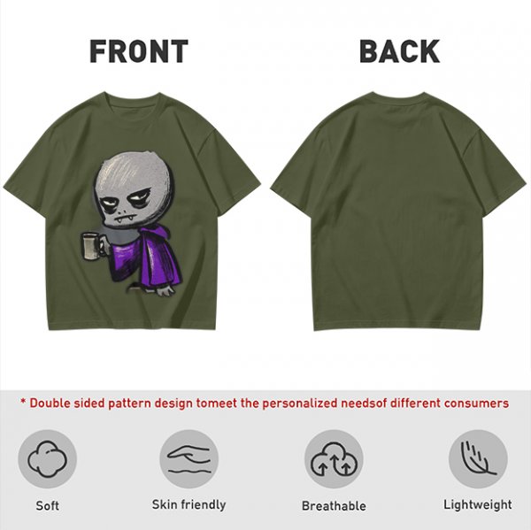 Olive T-Shirt With Grumpy Vampire Holding Coffee Mug Print
