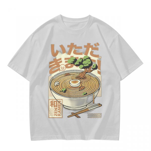 Olive green t-shirt with zen ramen bowl and bonsai tree print