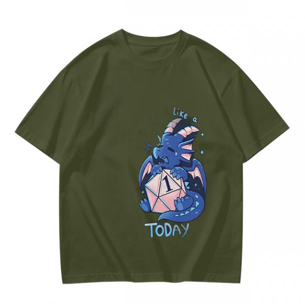 Olive T-Shirt With Sad Dragon Holding D20 Natural 1 'Like A Today' Print