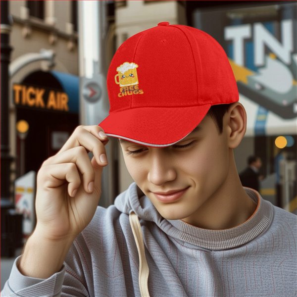 Black baseball cap with cute beer mug graphic and free chugs text